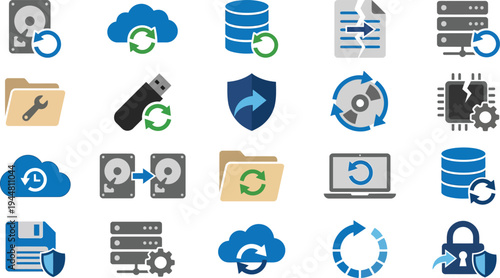 Collection of essential digital icons representing various data management, backup, recovery, and security functions.
