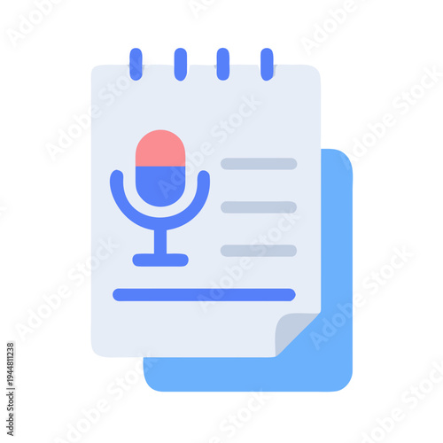 Flat design notepad with microphone icon for podcasting or recording services