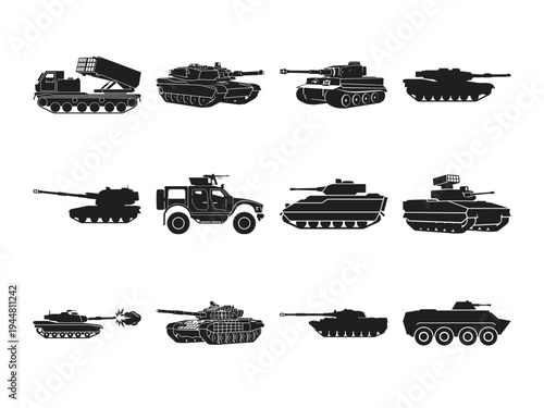 military tank silhouettes set collection of armored combat vehicles army war equipment bundle vector illustration heavy weapons icons pack