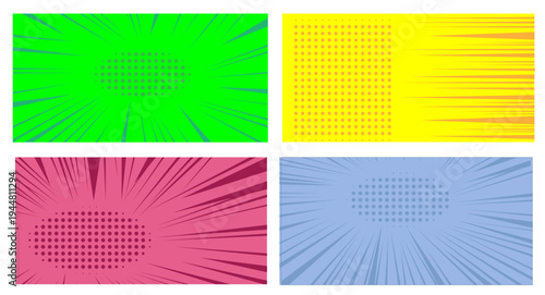 Manga set comic background with speed action effect. Vector radial green, red, yellow, blue line frame cartoon pattern anime explosion, black line comic book action