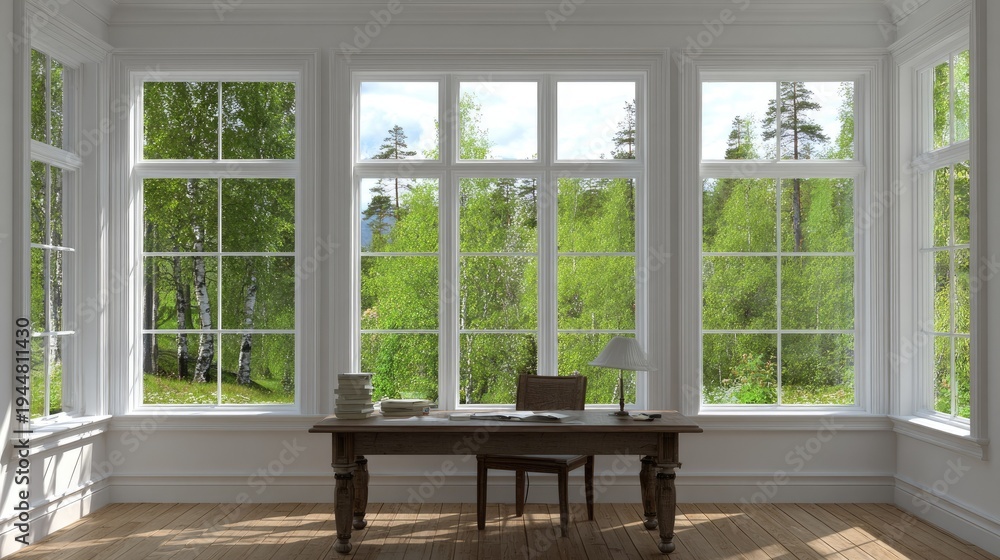 Fototapeta premium Interior room with multiple large sash windows overlooking lush green forest scenery