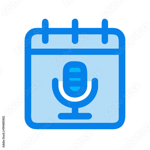 Blue flat illustration of a calendar with a microphone for podcast scheduling