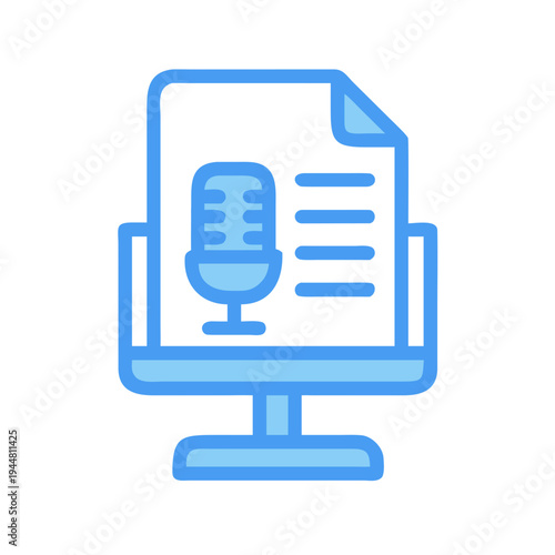 Podcast Recording Document with Microphone Icon Over Computer Screen in Blue Hue