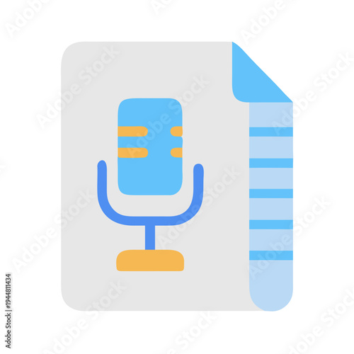 Flat design file document with microphone icon for audio podcasting recording