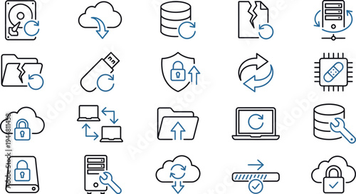 A comprehensive collection of technology icons representing data backup, restore, security, and cloud computing processes.