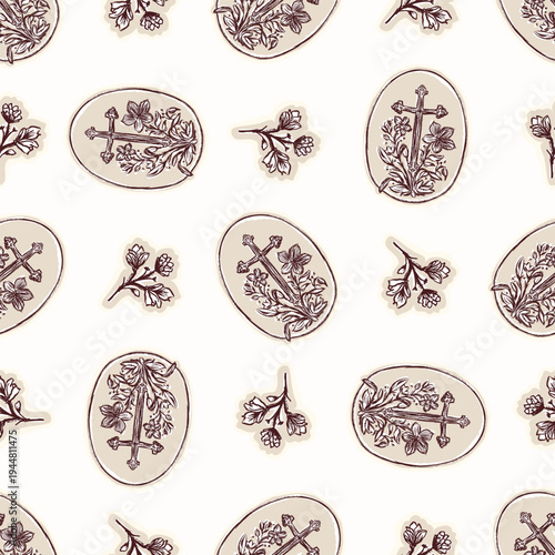 Ornate floral sprig seamless vector pattern. Hand drawn vintage style flower illustration for wallpaper. Decorative all over print. 