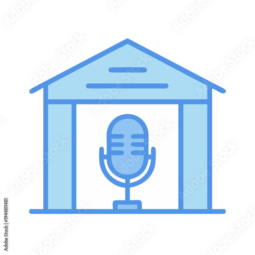 Podcast booth icon: studio space framing a vintage microphone in blue hues