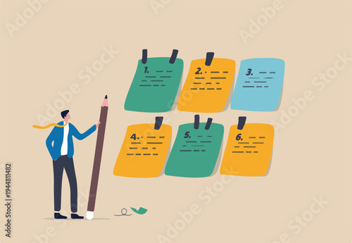 Category or prioritize work for project management, sorting important or urgency tasks, organize and plan for business success, kind or type concept, businessman with pencil categorized