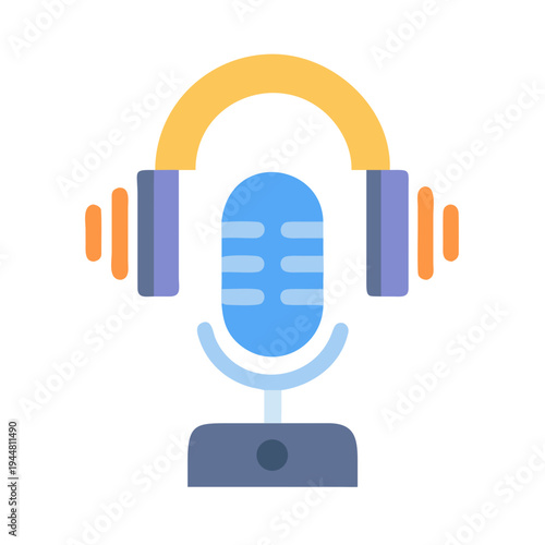 Podcast studio equipment illustration: Microphone with headphones on black background