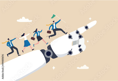 AI Artificial Intelligence help support business success, technology or innovation for new opportunity, invention for business growth concept, business people walking up on robot hand pointing