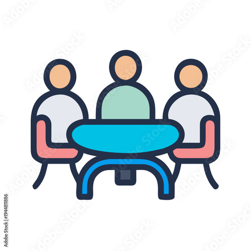 Three people sitting around a blue table in a meeting illustration