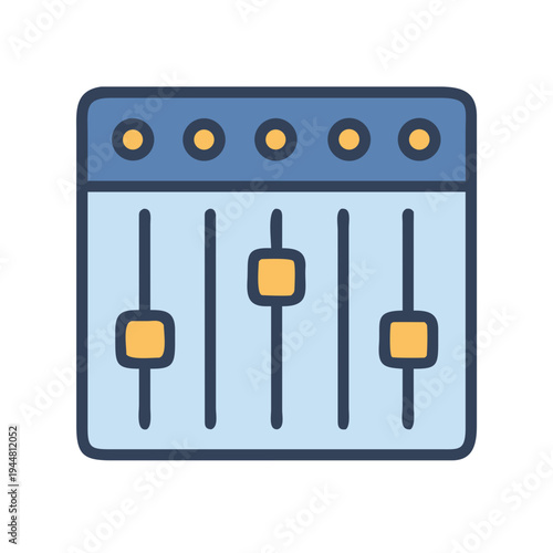 Stylized sound mixer panel with sliders and knobs in flat graphic style