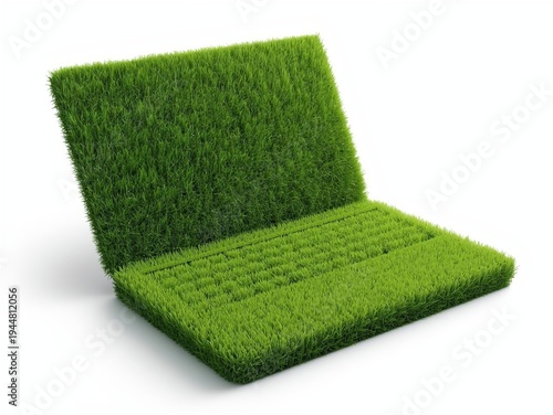 Open laptop sculpted entirely from fresh trimmed green grass with detailed keyboard texture. Spring 2026 eco digital business and green technology concept. Isolated on white, clean commercial visual.