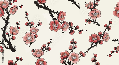 Seamless pattern of pink cherry blossom branches in Japanese ink painting style