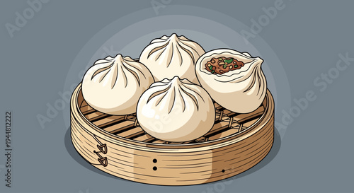 Illustration of delicious Chinese steamed buns in a traditional bamboo steamer basket