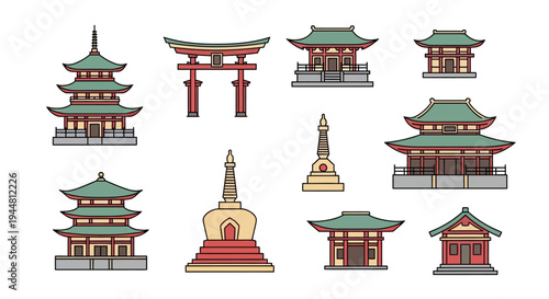 Traditional Asian Architecture Set: Temple, Pagoda, and Torii Gate Vector Icons