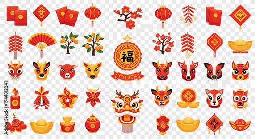 Collection of Chinese New Year flat design icons and traditional Lunar festival elements