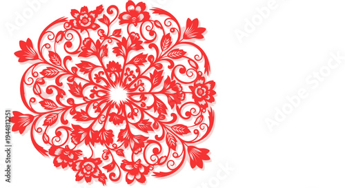 Traditional red Chinese paper cut floral mandala ornament isolated on white background