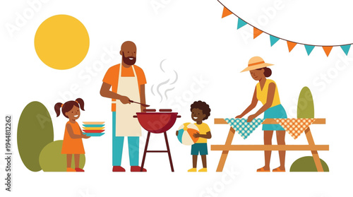 Happy African American family having summer barbecue cookout isolated on white background