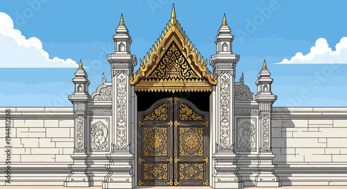 Illustration of a traditional ornate Thai temple gate under a clear blue sky