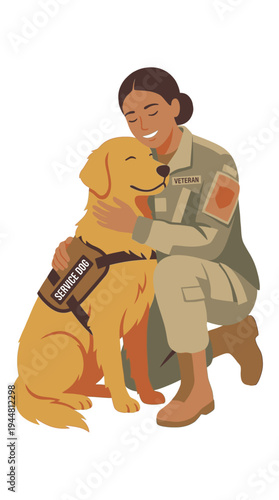 Diverse female military veteran hugging golden retriever therapy service dog for PTSD support