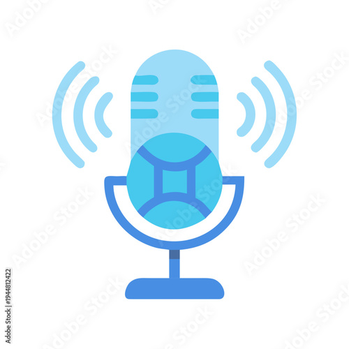 Flat design podcast microphone icon with signal waves on black background