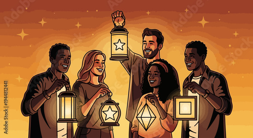 A diverse group of friends holding glowing lanterns during a festive celebration.