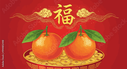 Chinese New Year celebration with oranges, gold coins, and good fortune character.