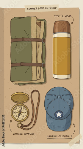Vintage camping essentials flat lay scrapbook with thermos compass hat and rolled tent