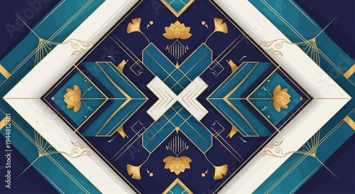 Elegant Art Deco Pattern with Golden Lotus and Ginkgo Leaves