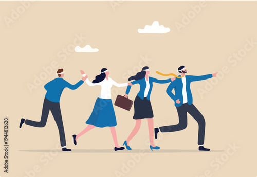Blindly following, confusion or unknown situation, bad leadership, failure or mistake, struggle, trouble or hopeless direction concept, businesspeople blindfold follow leader in crisis