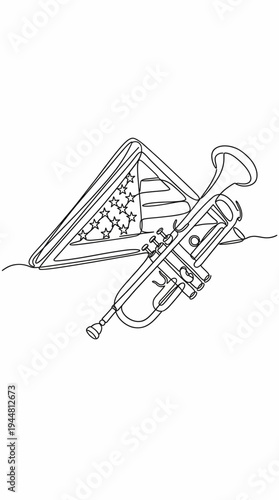 Continuous one line drawing of folded american flag and trumpet for memorial day or veterans day