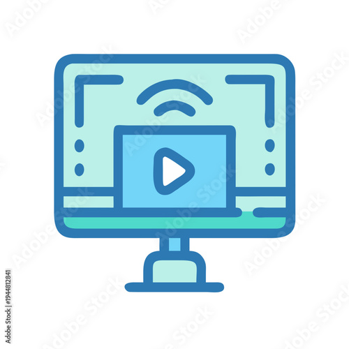 Streaming device icon featuring a computer, wireless signal and a play button