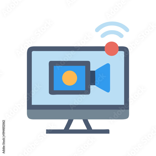 Flat illustration of a desktop computer with video camera and wifi icon
