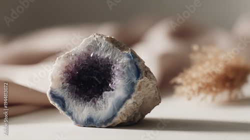 Stunning amethyst geode with vibrant purple crystals and blue bands, ideal for adding natural elegance and visual interest to any creative project