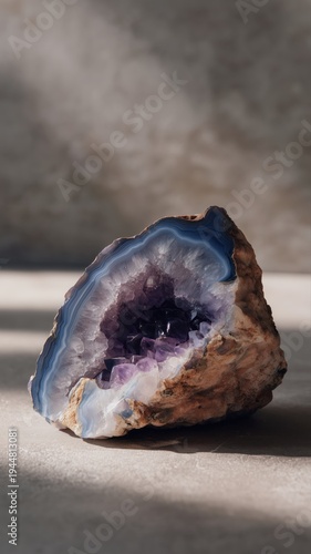 Stunning amethyst geode with vibrant purple crystals and banded agate edges, perfect for adding natural elegance and visual interest to any setting