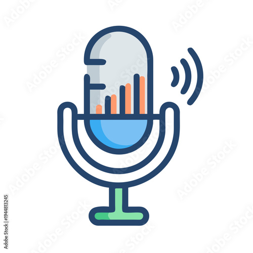 Stylized Microphone Icon with Signal Bars and Waves on Black Background