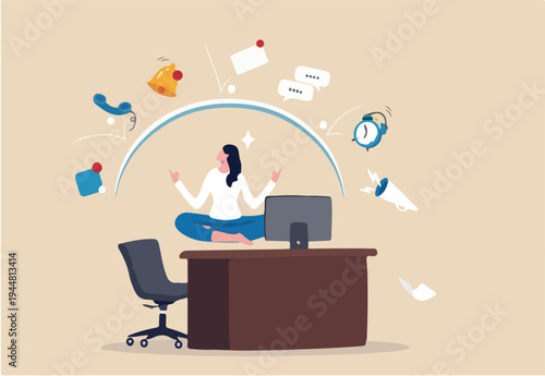 Employee wellbeing or wellness, comfortable to work, project management or relax workplace, balance or productivity concept, office woman mindfulness meditating on working desk levitate