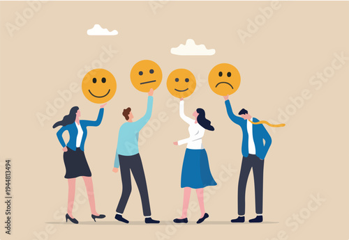 Employee morale, team spirit, work passion or job satisfaction, worker wellbeing or feeling, attitude and motivation concept, businessman and businesswoman team showing emotion happy and sad.