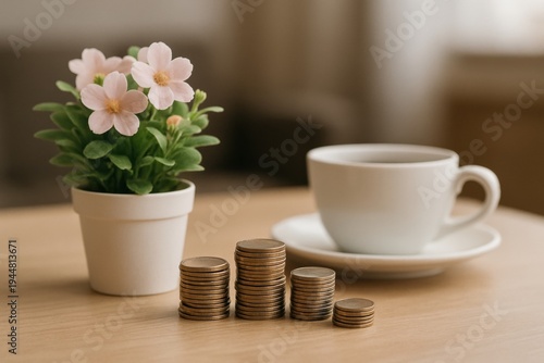 Stacks of Coins and Plant with Coffee Symbolizing Financial Growth