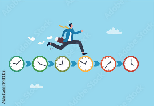 Deadline urgency, timer clock countdown, pressure to finish work within time limit, due date or timing to complete responsibility concept, businessman hurry running on time counting down dead