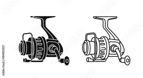 Two fishing reels in black and white a detailed silhouette