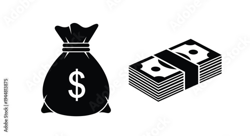 Black silhouettes of money bag and cash financial wealth illustration silhouette