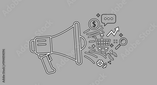 Megaphone with business marketing icons.