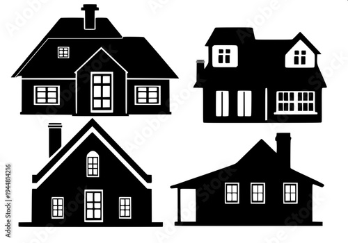 Real estate themed minimal house silhouette, dark gray flat house shape, attached garage left side, central arch door, two arched upper windows, right window with shutters, clean vector icon on light 