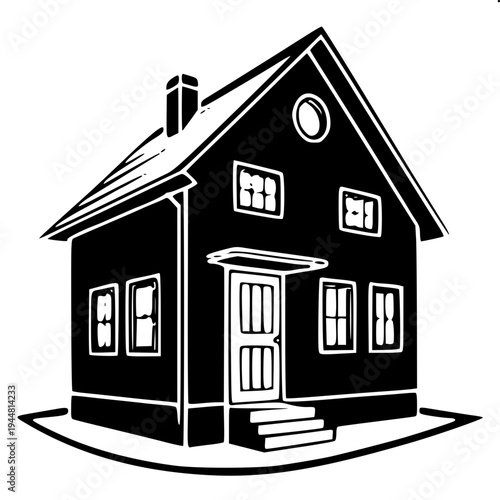 Real estate themed minimal house silhouette, dark gray flat house shape, attached garage left side, central arch door, two arched upper windows, right window with shutters, clean vector icon on light 