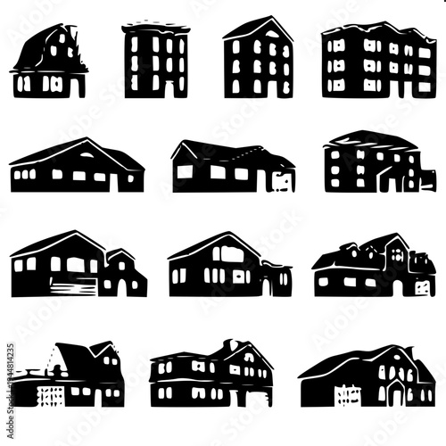 Real estate themed minimal house silhouette, dark gray flat house shape, attached garage left side, central arch door, two arched upper windows, right window with shutters, clean vector icon on light 