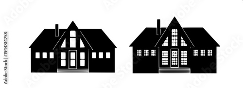 Real estate themed minimal house silhouette, dark gray flat house shape, attached garage left side, central arch door, two arched upper windows, right window with shutters, clean vector icon on light 