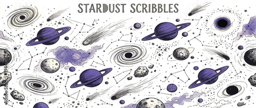 Vintage crayon drawn stars, comets, planets and asteroids collection. Childish drawing cosmic illustration. Retro style crayon drawings of night sky symbols. Graphic doodle celestial icons.