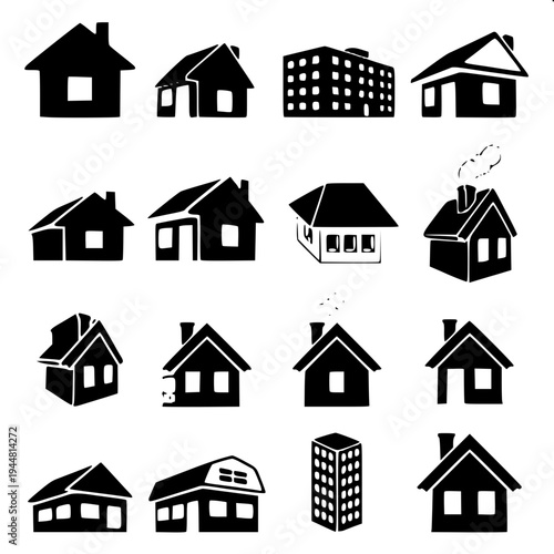 Real estate themed minimal house silhouette, dark gray flat house shape, attached garage left side, central arch door, two arched upper windows, right window with shutters, clean vector icon on light 